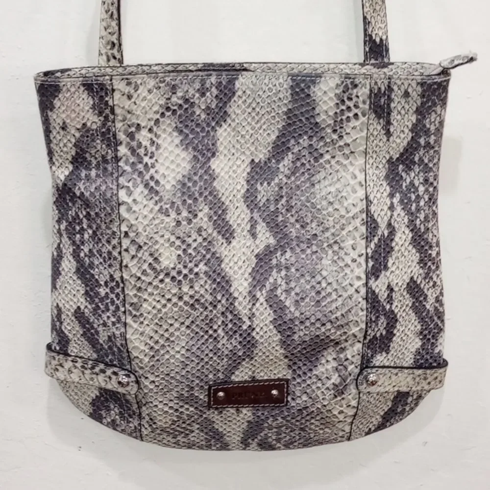 Prune Black & White Snake Skin Pattern Leather Satchel Tote Purse